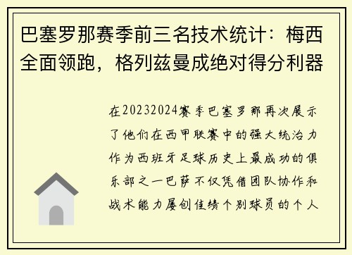 巴塞罗那赛季前三名技术统计：梅西全面领跑，格列兹曼成绝对得分利器